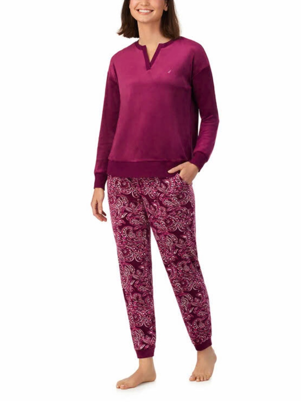 Nautica Dark Pink Silky Fleece Pyjama Set Paisley Plush Hand Feel Large